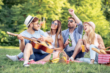 Happy young friends having picnic in the park