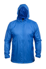 blue windbreaker sports jacket with hood, isolated on white - obrazy, fototapety, plakaty