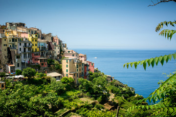 Horizontal View of the city of Corniglia  on Blue Sky and Sea Background in the Italian National Park of the Cinque Terre.