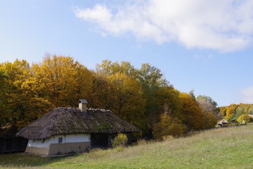 Fototapeta na wymiar house with white walls and thatched roof