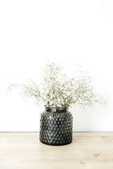 White gypsophila flowers bouquet in flowerpot at white background.