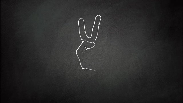 4k video of Hand Drawing process of a hand which doing peace and victory sign, sketch on 3 different backgrounds, paper background, chalkboard background and green screen background