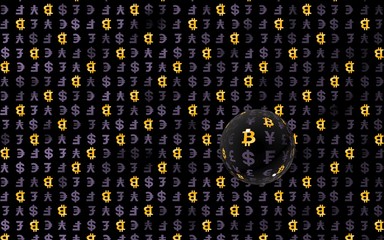 Bitcoin and currency on a dark background. Digital crypto symbol. Currency bubble, wave effect, market fluctuations. Business concept. 3D illustration