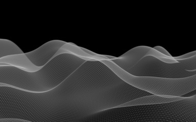 Abstract landscape on a dark background. Cyberspace grid. Hi-tech network. . 3D illustration