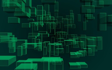 Green and dark abstract digital and technology background. The pattern with repeating rectangles. 3D illustration