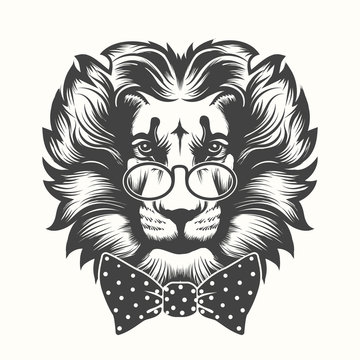 Lion Head With Round Glasses And Bow Tie