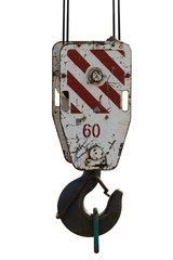 Large-tonnage lifting hook of a truck crane with a chain on an isolated background