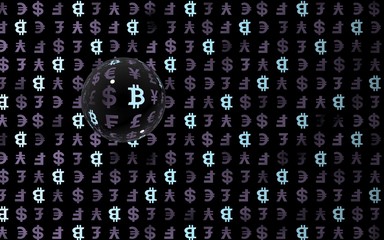 Bitcoin and currency on a dark background. Digital crypto symbol. Currency bubble, wave effect, market fluctuations. Business concept. 3D illustration