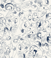 Seamless pattern with humans bodies, hand-drawn in lines. Monochrome doodle. - obrazy, fototapety, plakaty