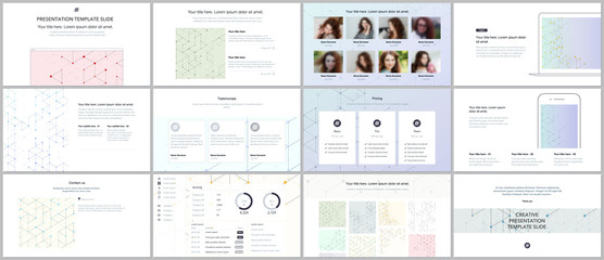 Minimal presentations, portfolio templates. Presentation slides for flyer, brochure, report. Line art pattern with connecting lines. Abstract geometric background. Technology, digital network concept.