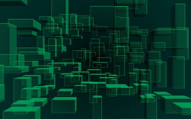 Green and dark abstract digital and technology background. The pattern with repeating rectangles. 3D illustration