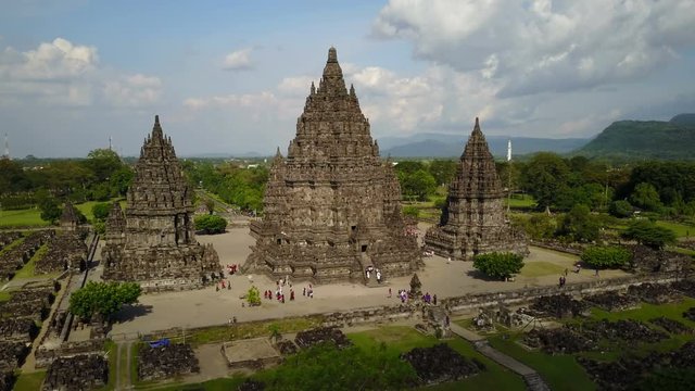 Slow approaching aerial footage of beautiful Prambanan Hindu temple complex near Yogyakarta, Indonesia