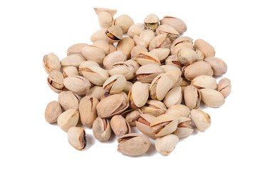 Pistachios isolated on white background. Front view.