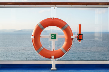 close up Life buoy on the deck of cruise ship