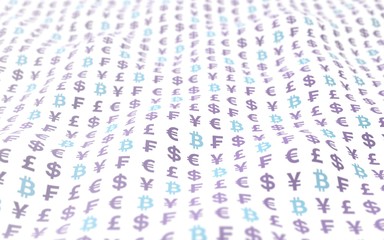 Bitcoin and currency on a white background. Digital Cryptocurrency symbol. Wave effect, currency market fluctuations. Business concept. 3D illustration