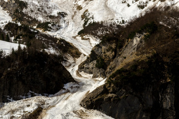 Snowy glacier valley in high mountains