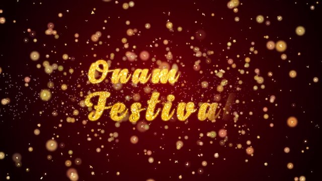 Onam Festival Greeting Card text with sparkling particles shiny background for Celebration,wishes,Events,Message,Holidays,Festival.
