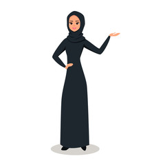 Cartoon Arab woman character with hijab. Smiling girl in hijab presenting something with right hand. Young Moslem businesswoman wearing scarf. Vector illustration isolated from white