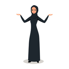Cartoon Arab woman character with hijab. Smiling girl in hijab presenting something with two hands. Young Moslem businesswoman wearing scarf. Vector illustration isolated from white