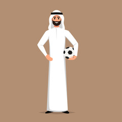 Vector Cartoon Arab man character holds a soccer ball. Smiling Young Moslem sporty  man presenting the football on the hand