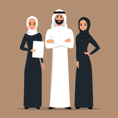 Design with Cartoon Characters business Moslem people in traditional clothing vector illustration.