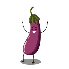 Vector Emoji eggplant with a smiley face.  Cute cartoon eggplant with happy emotion. Vector illustration