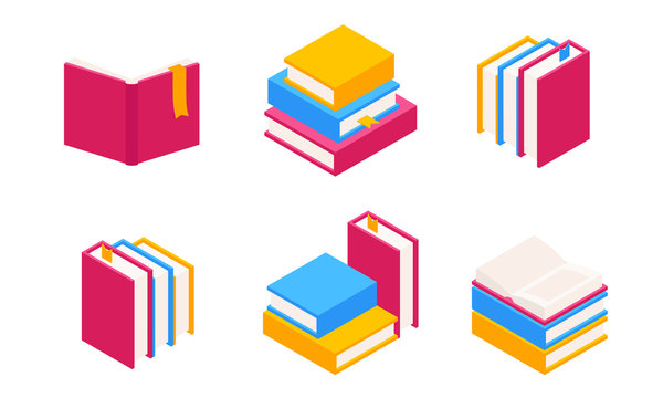 Vector Set of Colorful Horizontal and Vertical Stacks of Books in Isometric.Education Infographic Template Design with Books Pile.Set of Book Icons in Flat style isolated from white background