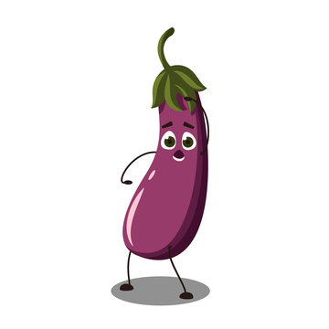 Vector Emoji eggplant with a with a surprised face.  Cute cartoon eggplant with a frightened look. Vector illustration