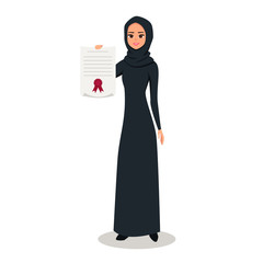 Cartoon Arab woman character with hijab. Smiling girl in hijab holds a certificate in hand. Young Moslem businesswoman wearing scarf. Vector illustration isolated from white