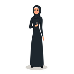 Cartoon Arab woman character with hijab. Smiling girl in hijab holds your mobile phone in your hand. Young Moslem businesswoman wearing scarf. Vector illustration isolated from white