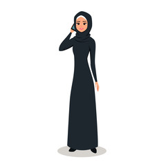 Cartoon Arab woman character with hijab girl talking on the phone. Smiling girl in hijab holds your mobile phone in your hand. Young Moslem businesswoman wearing scarf. 