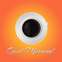 Lettering Good morning. Flat Design Cup of coffee, Vector isolated illustration on orange background