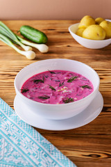 Traditional Russian cold beetroot soup svekolnik