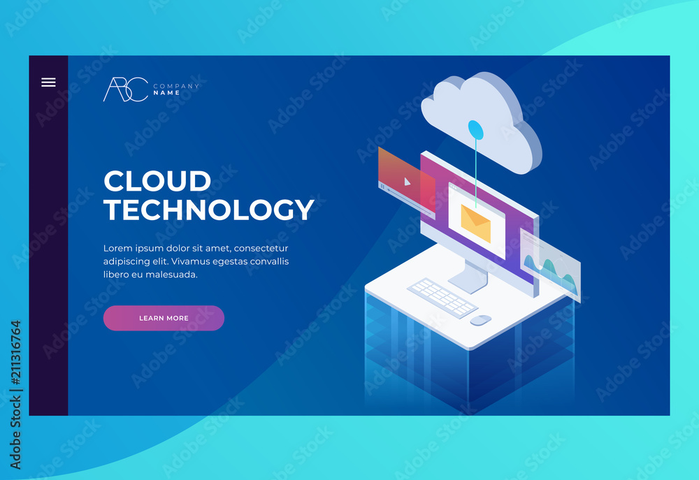 Poster header for website. design template for landing page. cloud storage. data analysis, checking email, 