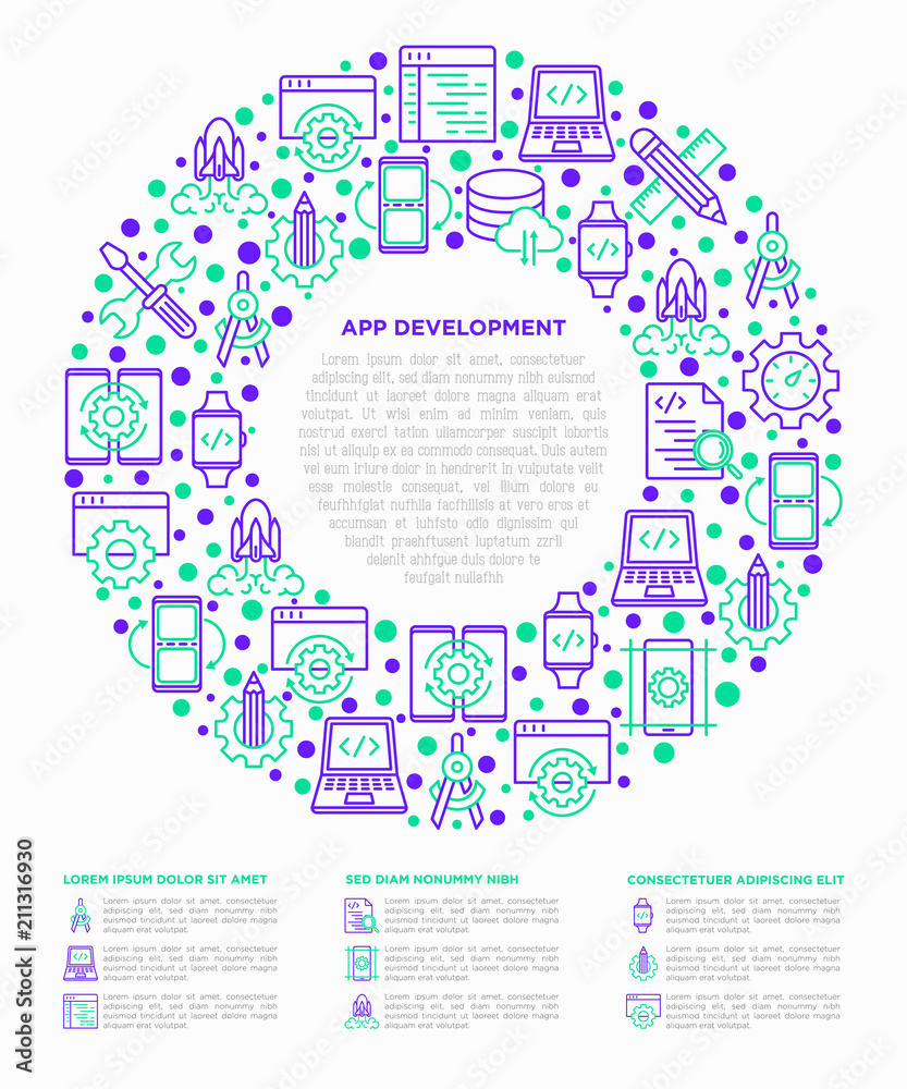 Wall mural app development concept in circle with thin line icons: writing code, multitasking, smart watch app,