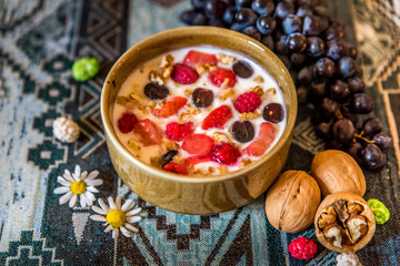 Granola. Granola with yogurt, honey and berries, nuts