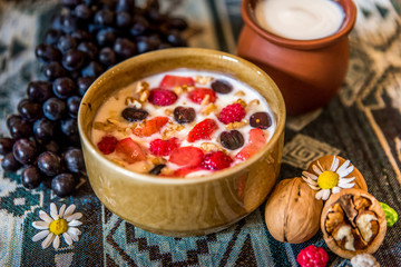 Granola. Granola with yogurt, honey and berries, nuts