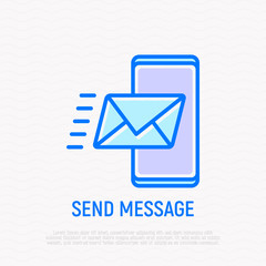 Send message, envelope flying on smartphone thin line icon. Modern vector illustration of web communication.