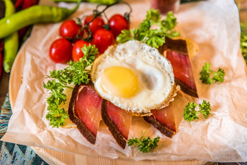 bacon,egg,ham for breakfast in plate