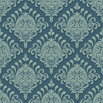 Vector volumetric damask seamless pattern background. Elegant luxury embossed texture for wallpapers, backgrounds and page fill. 3D elements with shadows and highlights.