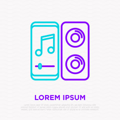Listening music from smartphone on wireless speaker thin line icon. Modern vector illustration.