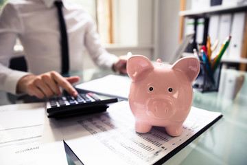 Piggybank In Front Of Businessperson Using Calculator