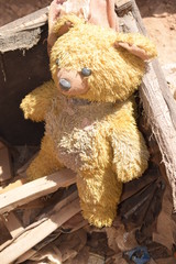 Abandoned teddy bear in the ruins of the abandoned house.