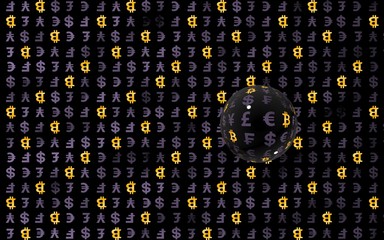 Bitcoin and currency on a dark background. Digital crypto symbol. Currency bubble, wave effect, market fluctuations. Business concept. 3D illustration
