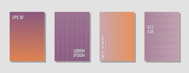 Minimalist orange violet zig zag banner templates, wavy lines gradient stripes backgrounds for music cover. Curve shapes stripes, zig zag edge lines halftone texture gradient journal covers set.