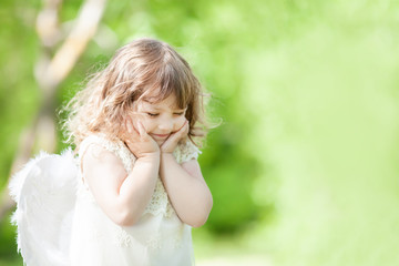 Cute little Angel girl with floral wreath, angelic character