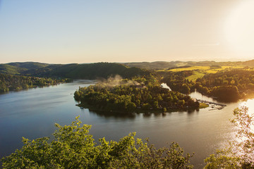 Panorama of lake Slapy near Prague on river Vltava with peninsula Zdan.