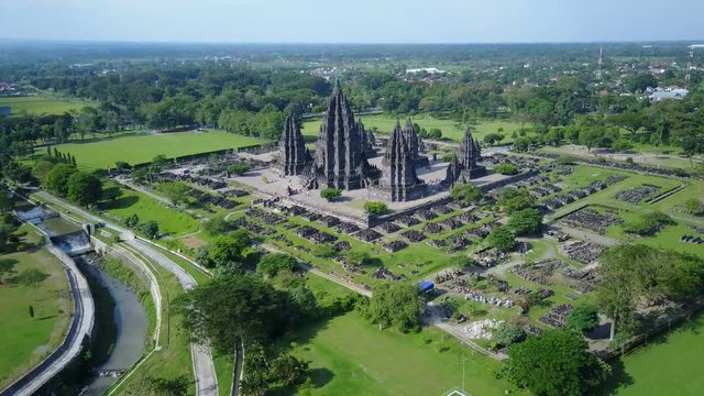 Establishing aerial shot of Prambanan temple in Yogyakarta, history and travel Indonesia