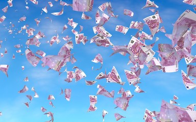 Fototapeta na wymiar Flying euro banknotes against the sky background. Money is flying in the air. 500 EURO in color. 3D illustration