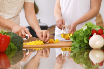 Obraz na płótnie Canvas Closeup of human hands cooking in kitchen. Mother and daughter or two female friends cutting vegetables for fresh salad. Healthy meal, vegetarian food and lifestyle concepts